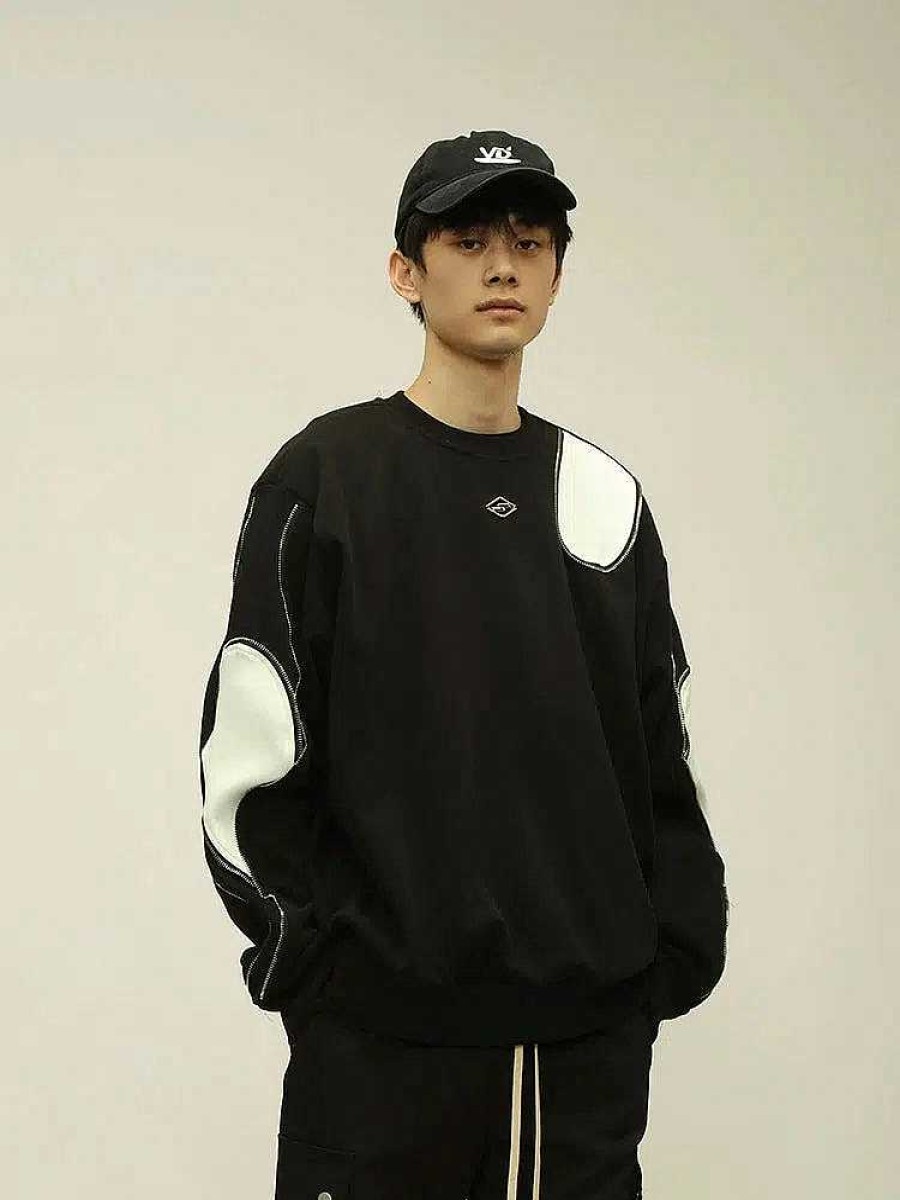 Clothing The Korean Fashion | And White Splicing Contrasting Sweatshirt Black