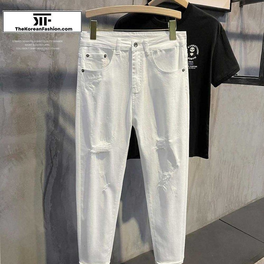 Casual Style Clothes The Korean Fashion | Ripped Slim-Fit Patch Jeans White