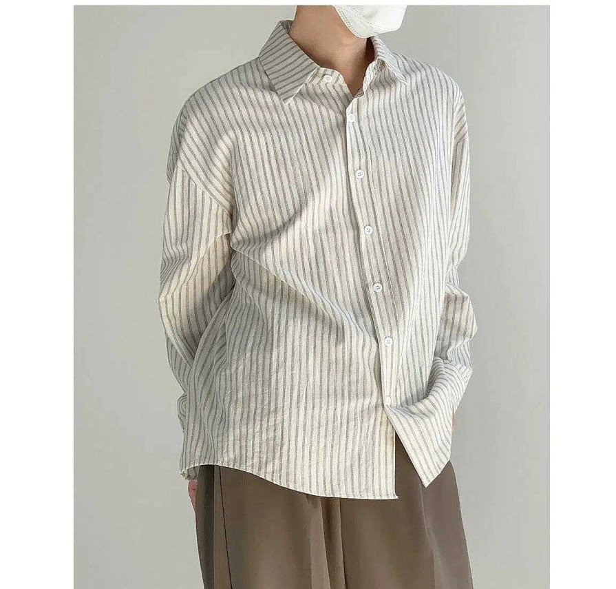 Clothing The Korean Fashion | Cotton Pinstripe Long-Sleeved Shirt Apricot