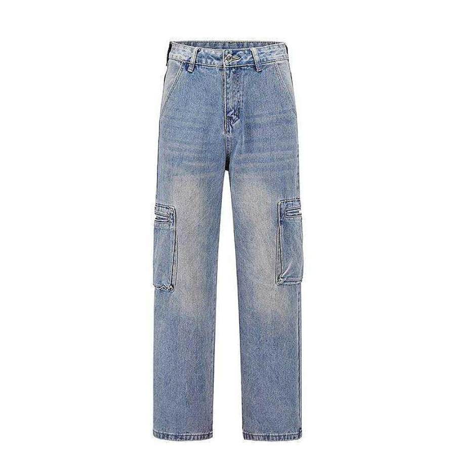 Clothing The Korean Fashion Jeans | Light Tooling Jeans With Pockets Blue