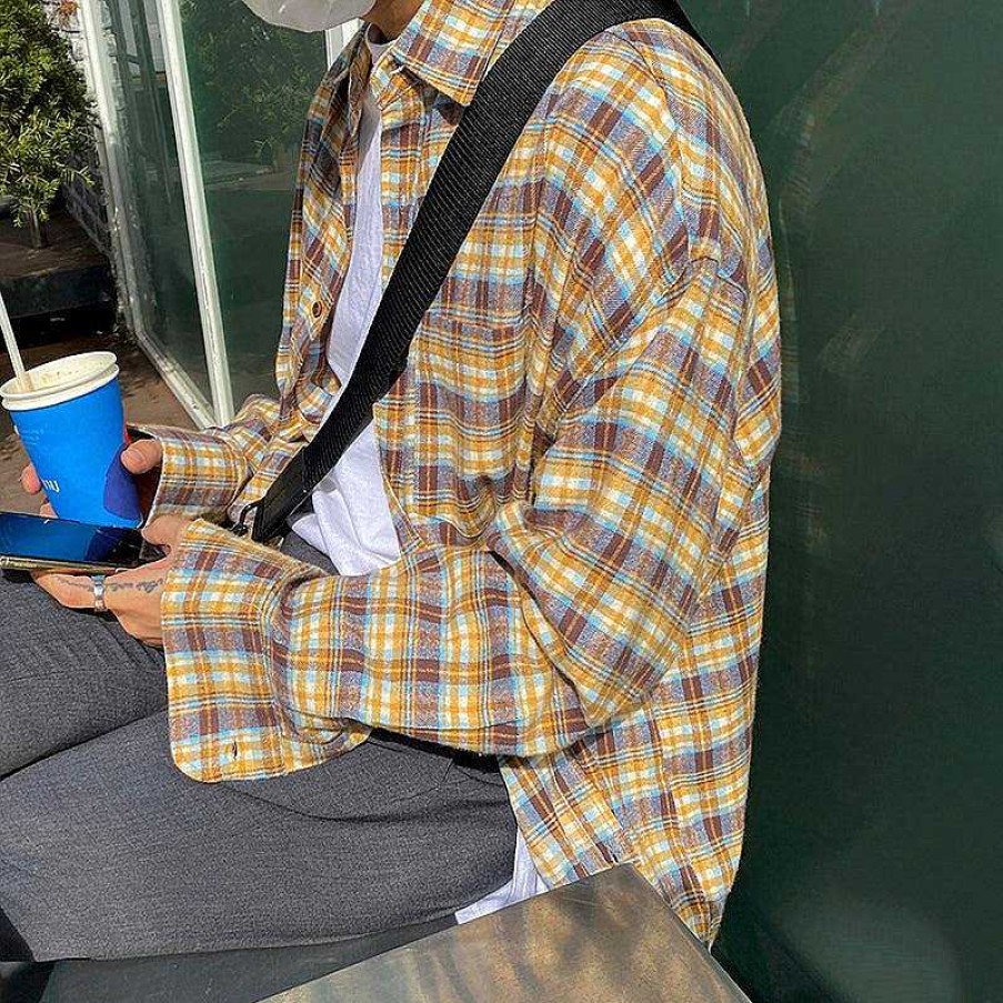 Clothing The Korean Fashion | Oversized Plaid Shirt Yellow