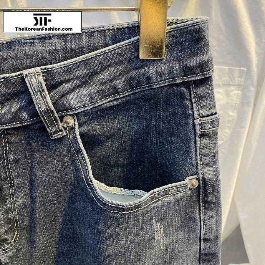 Casual Style Clothes The Korean Fashion | Retro Washed Slim Jeans Grey Blue