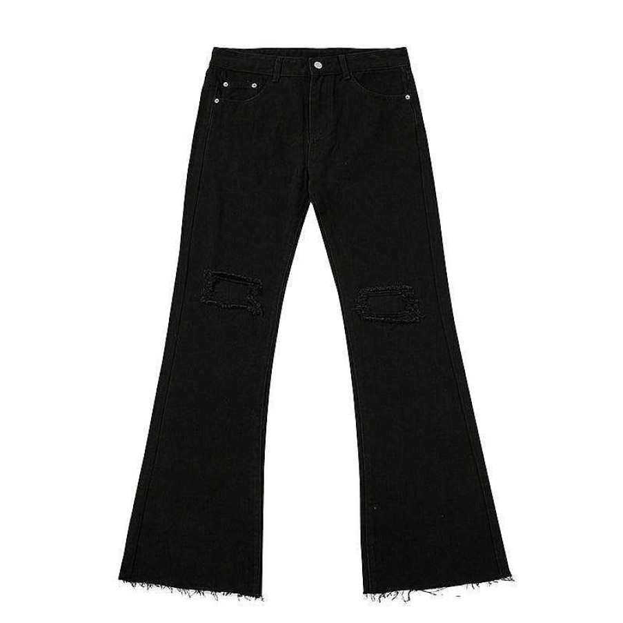 Clothing The Korean Fashion Jeans | Micro Flared Raw Edge Ripped Jeans Black