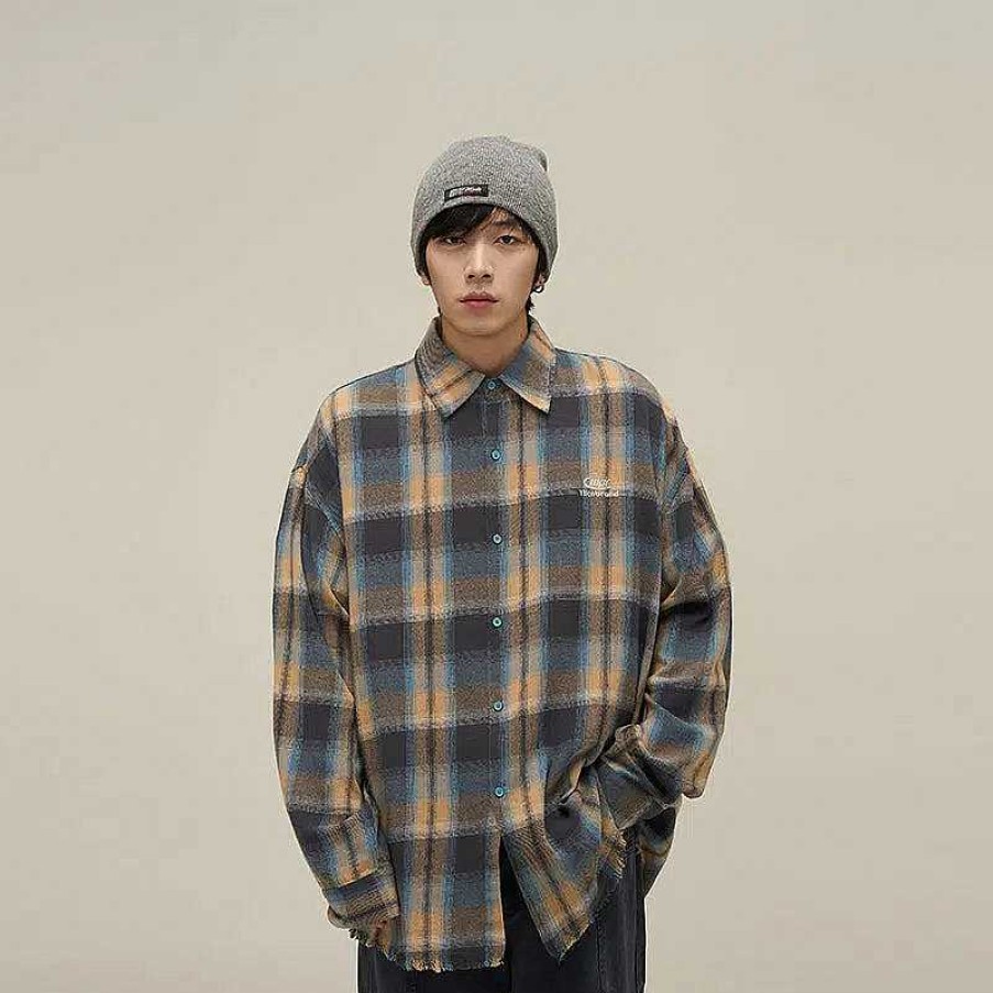 Clothing The Korean Fashion | Embroidered Plaid Shirt Yellow