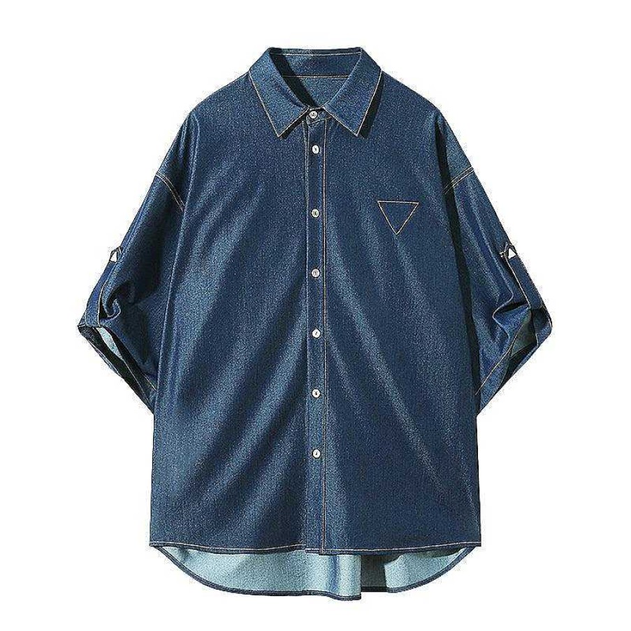 Clothing The Korean Fashion | Loose-Fit Button-Down Chambray Shirt Navyblue