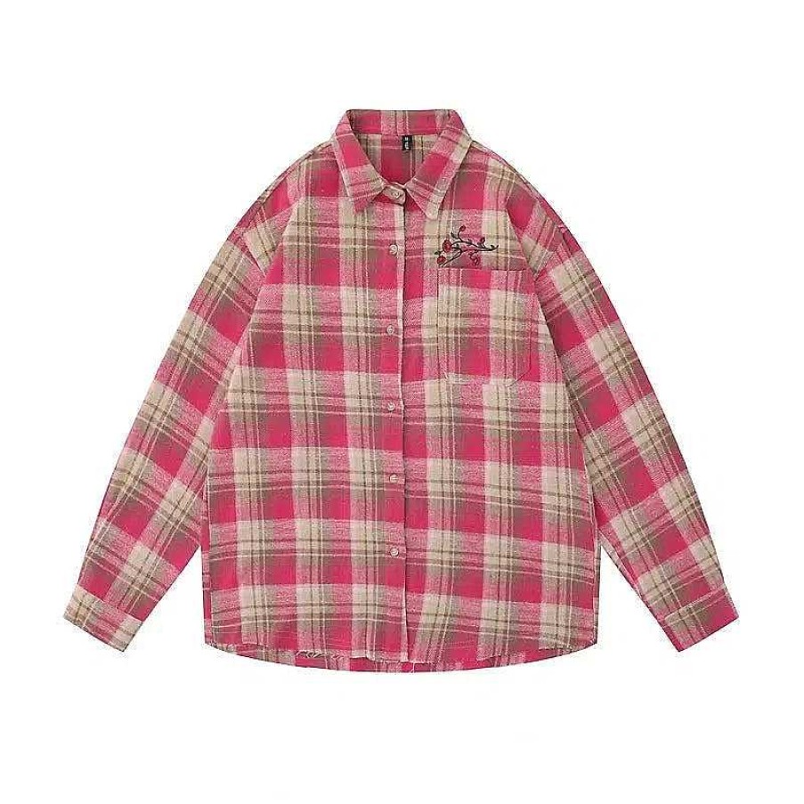 Clothing The Korean Fashion | Embroidered Long Sleeve Plaid Shirt Pink