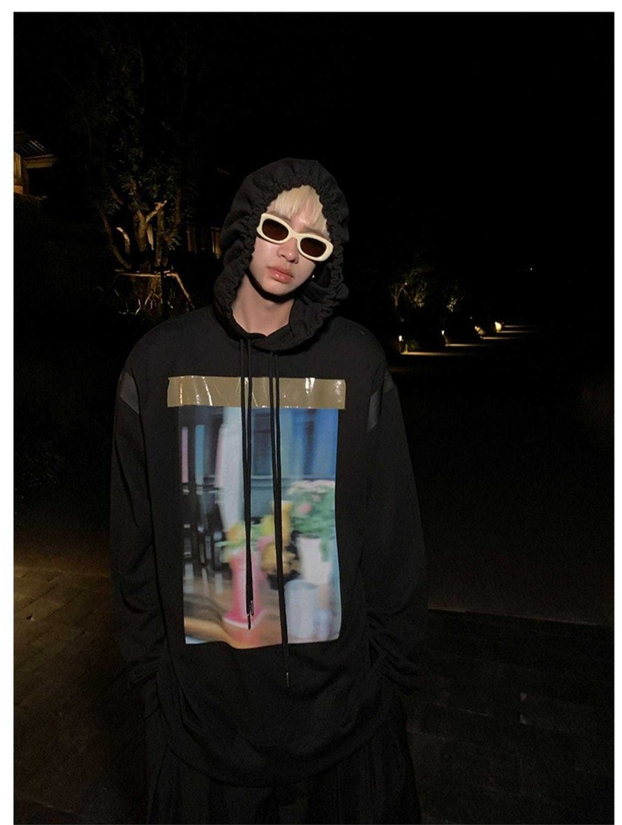 Clothing The Korean Fashion | Printed Hooded Sweatshirt Black