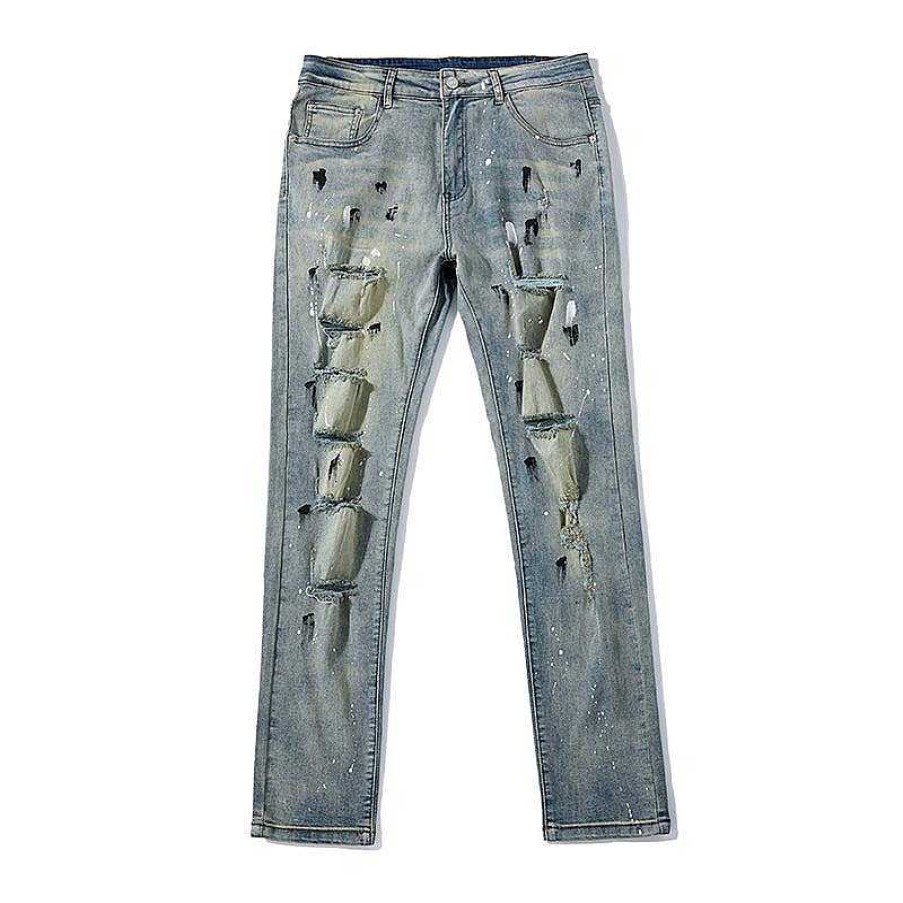 Clothing The Korean Fashion Jeans | Slim Scratched Ripped Jeans Blue