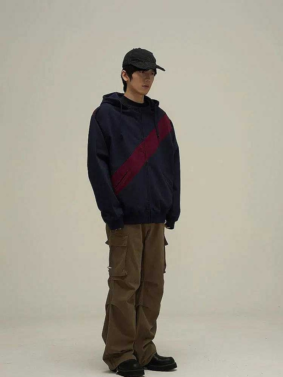 Clothing The Korean Fashion | Contrasting Color Zipper Hooded Sweatshirt Navy Blue