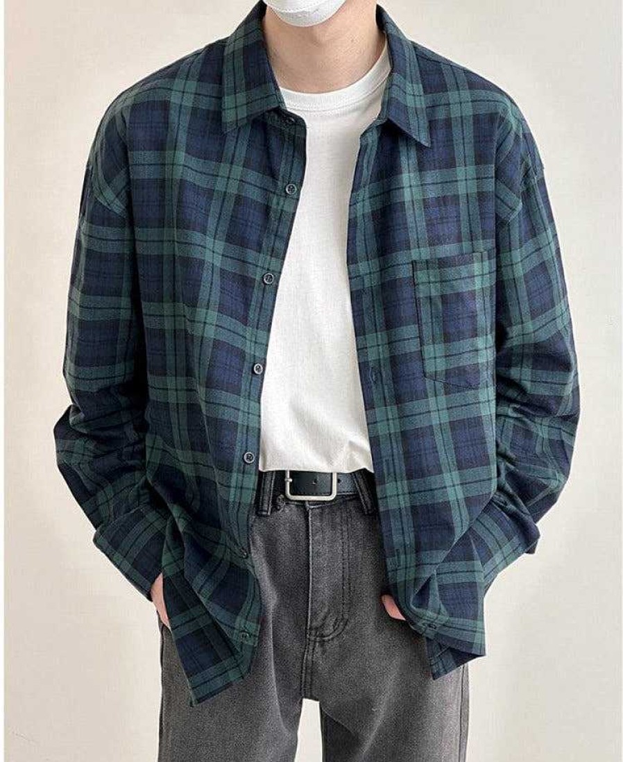 Clothing The Korean Fashion | Lapel Long-Sleeved Plaid Shirt Green