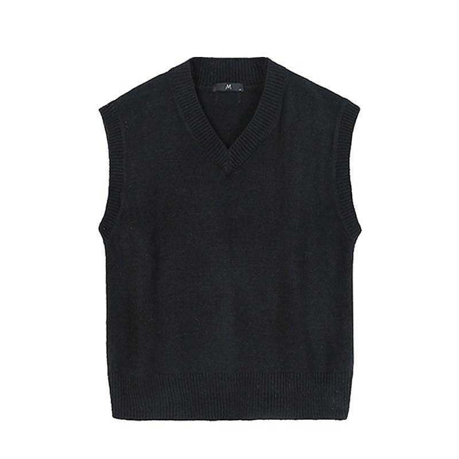 Clothing The Korean Fashion | V-Neck Knitted Sleeveless Sweater Black