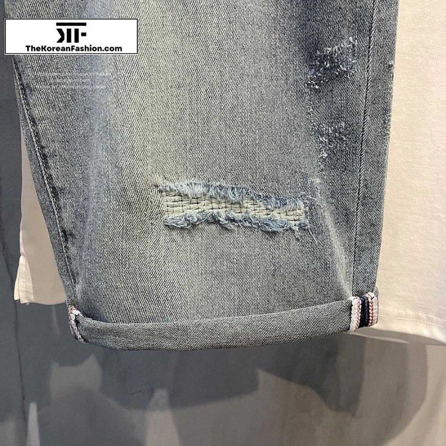 Clothing The Korean Fashion Jeans | Scratched Denim Belted Shorts Blue