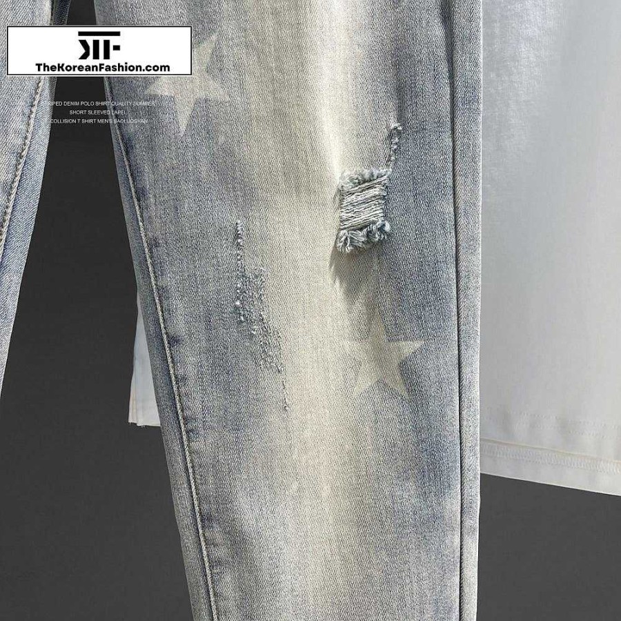 Clothing The Korean Fashion Jeans | Star Printed Ripped Jeans Blue