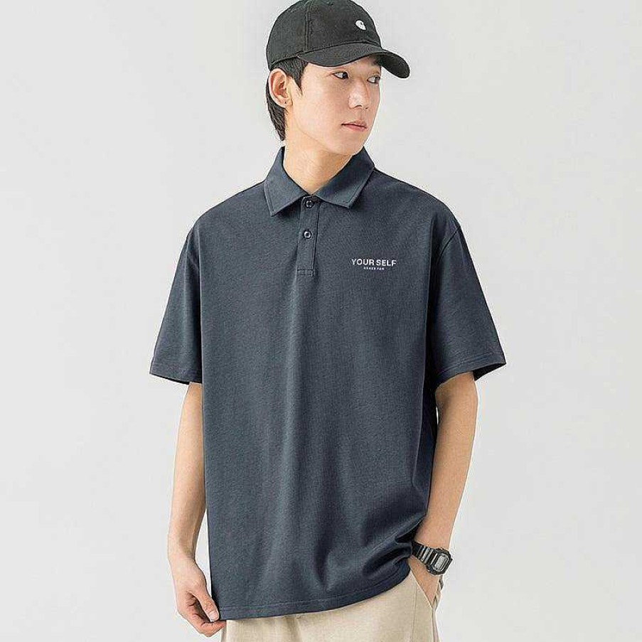 Clothing The Korean Fashion | Lapel Cotton Polo Letter T-Shirt