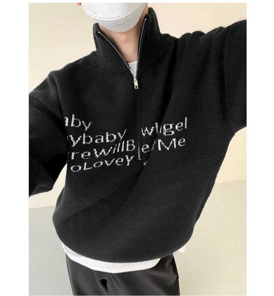 Clothing The Korean Fashion | Text Print Stand Collar Sweater