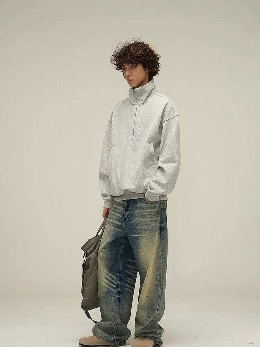 Clothing The Korean Fashion | Half Turtleneck Zipper Sweatshirt Grey