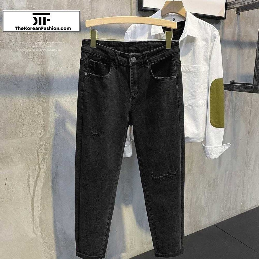 Clothing The Korean Fashion Jeans | Washed Edging Slim Jeans Black