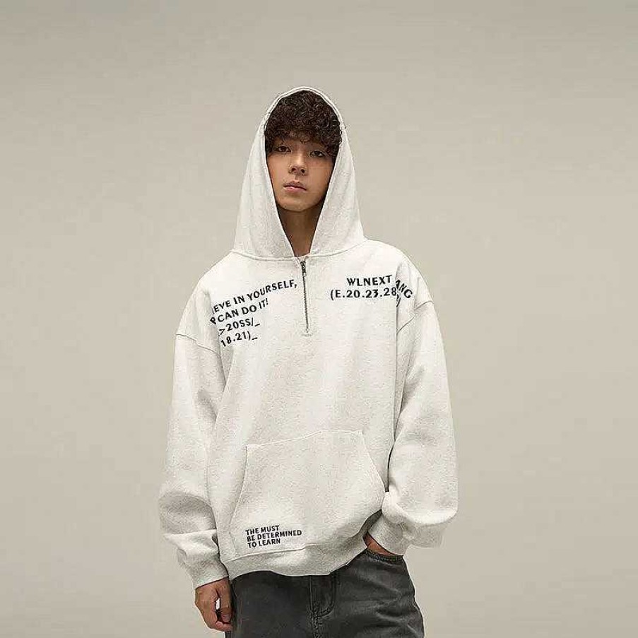 Clothing The Korean Fashion | Half-Zip Printed Letters Hooded Sweatshirt