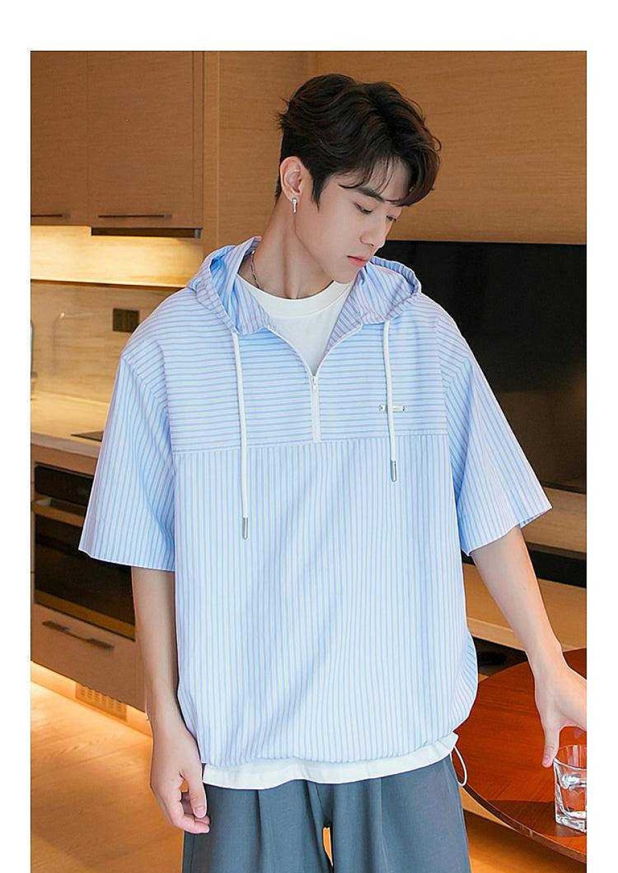 Clothing The Korean Fashion | Striped Hooded Shirt Blue