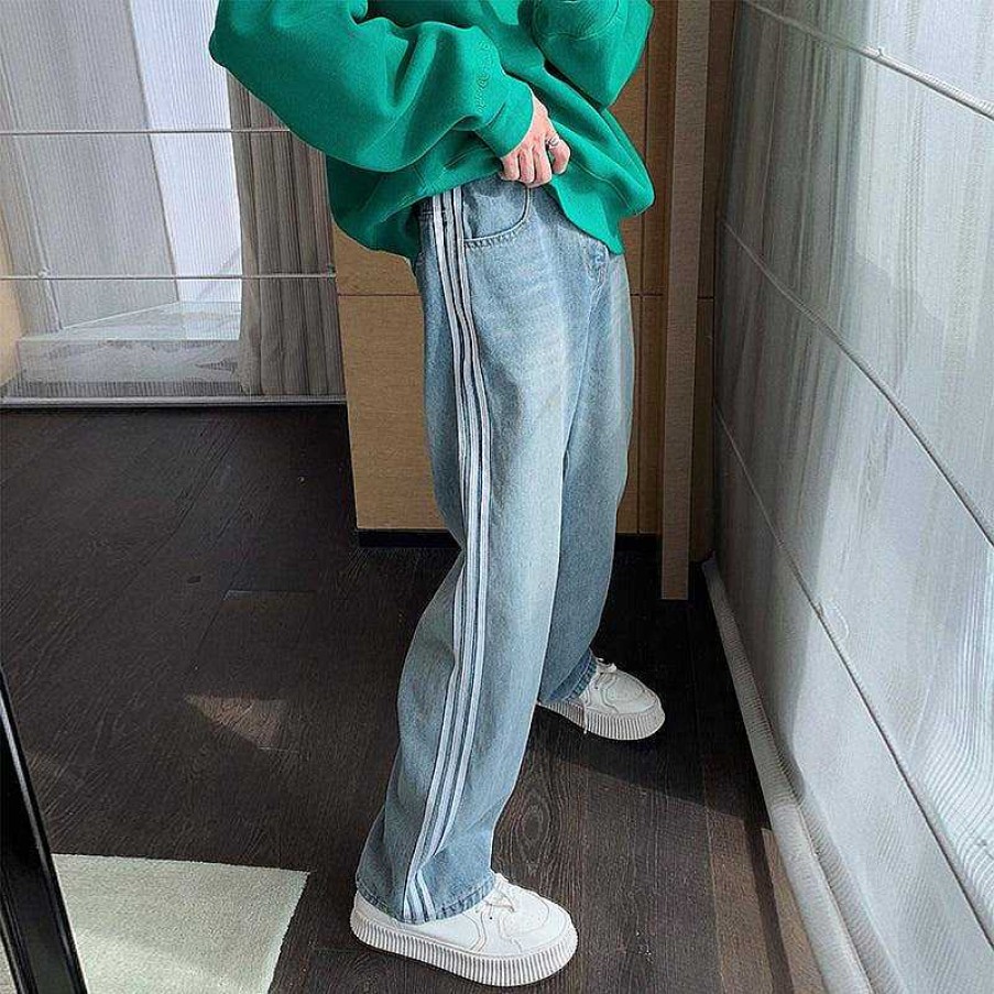 Clothing The Korean Fashion Jeans | Side Stripe Straight-Leg Jeans Blue