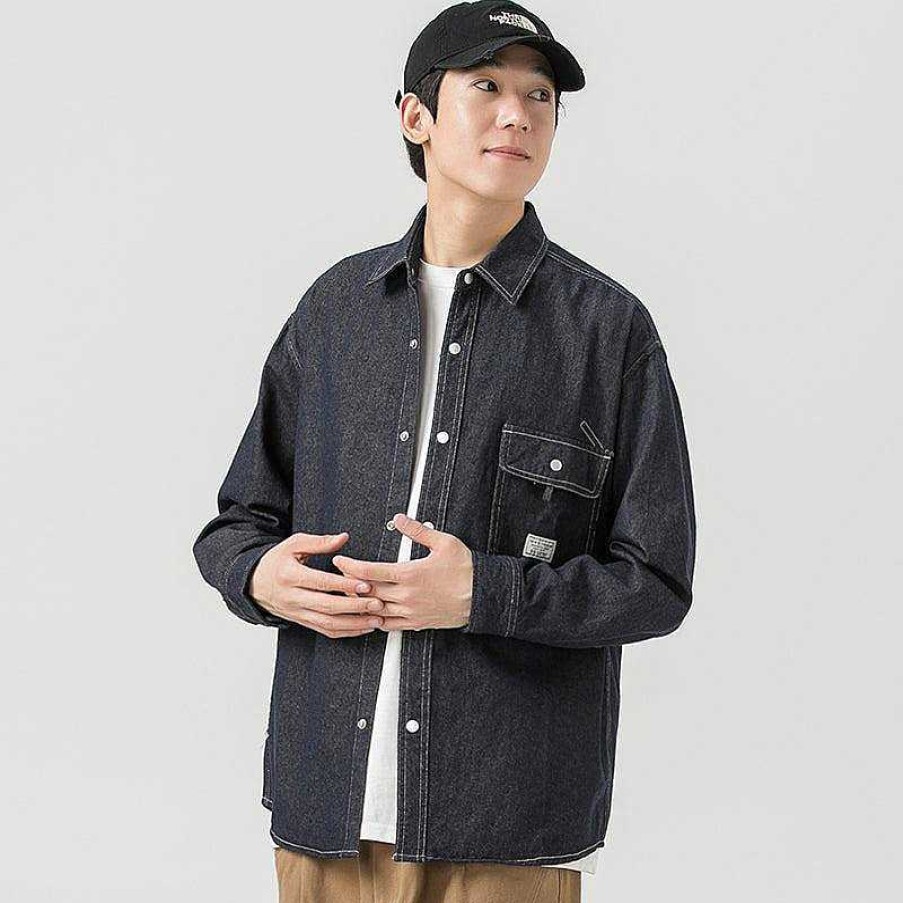 Clothing The Korean Fashion | Long Sleeve Denim Overshirt Dark Blue