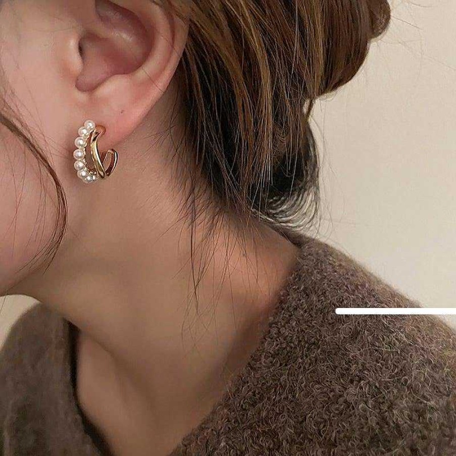 Women The Korean Fashion Earrings | C-Shaped Pearl Earrings Gold