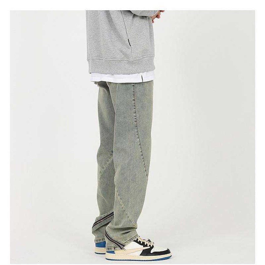 Clothing The Korean Fashion Slim Fit | Washed Yellow Stitching Around Zipper Jeans Blue