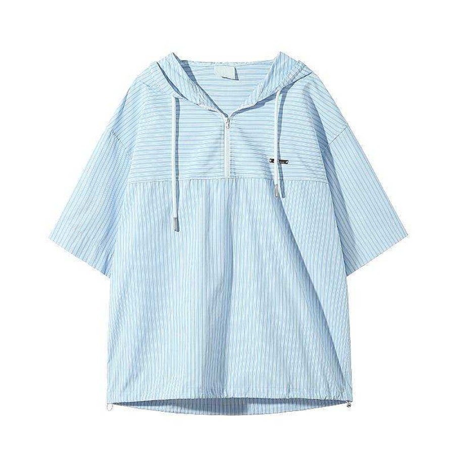 Clothing The Korean Fashion | Striped Hooded Shirt Blue