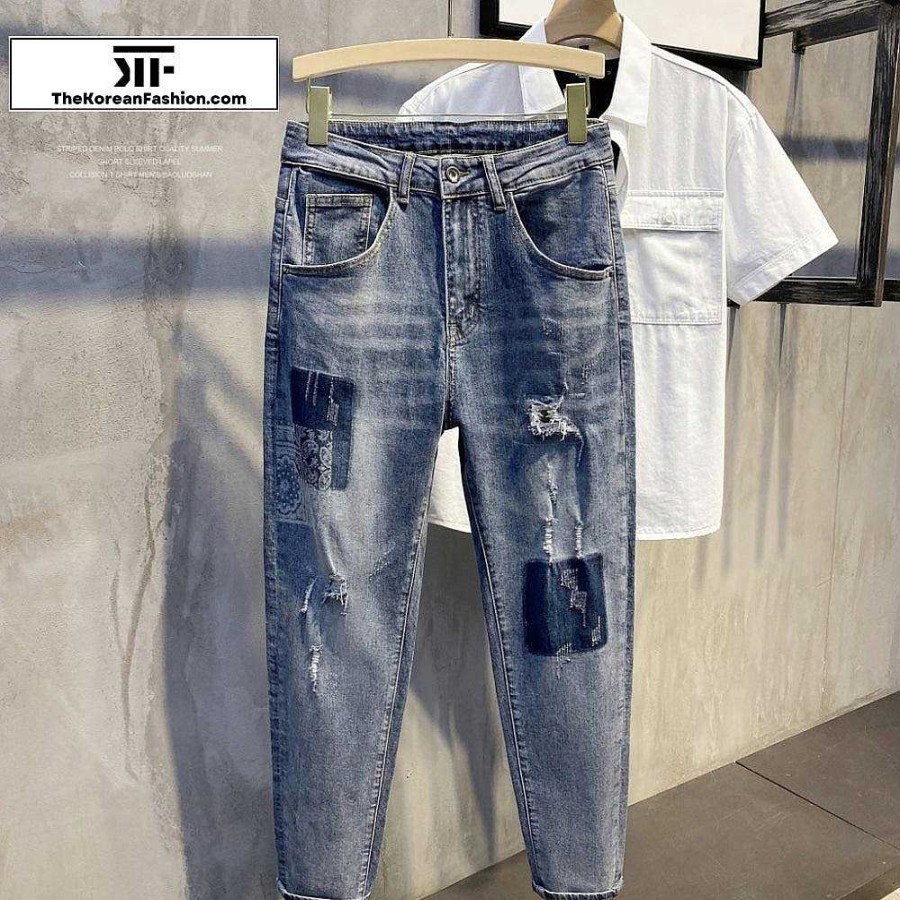 Casual Style Clothes The Korean Fashion | Scratched Ripped Jeans Blue