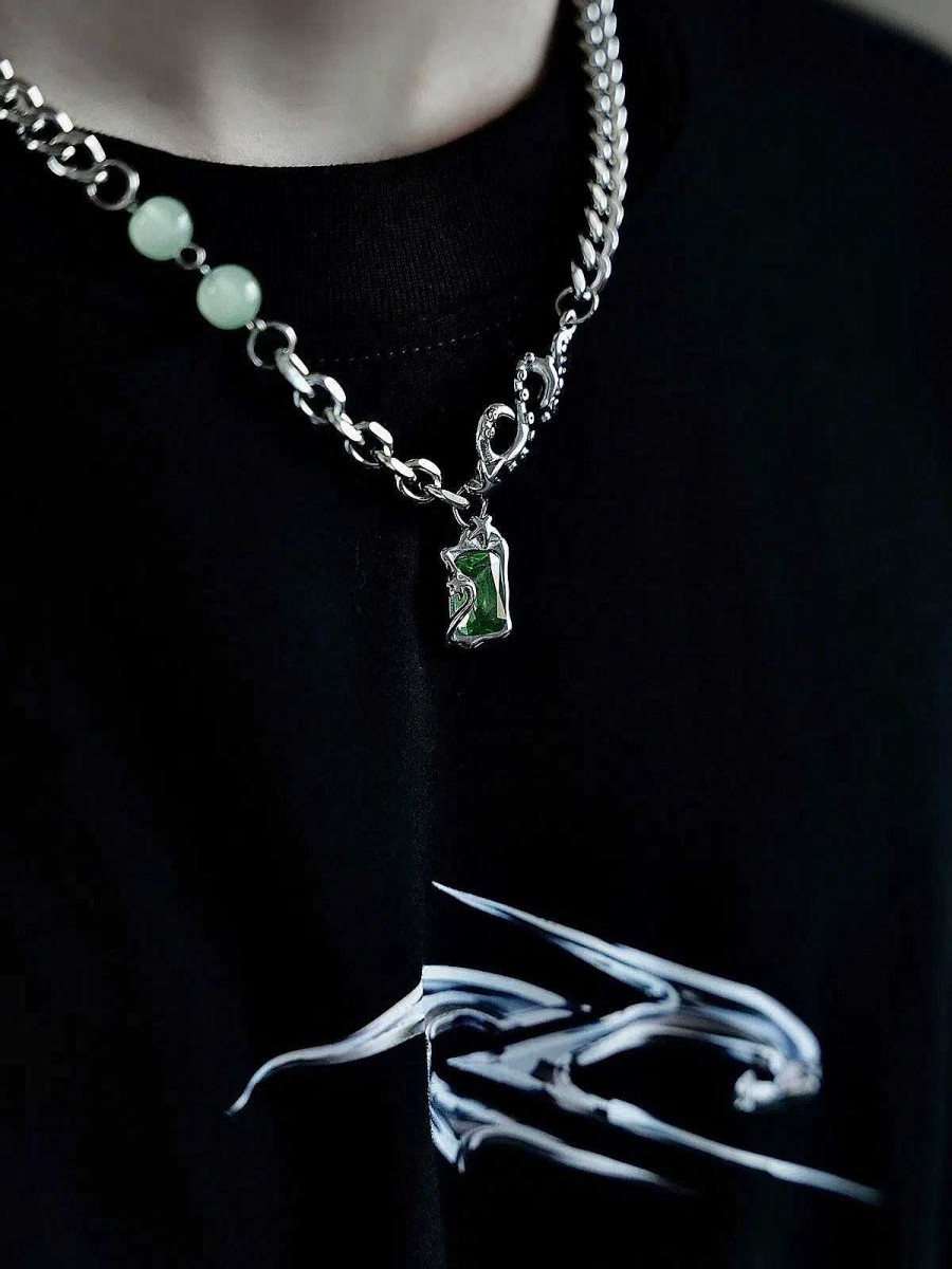 Accs & Bags & Shoes The Korean Fashion | Square Diamond Jade Pendant Necklace Green