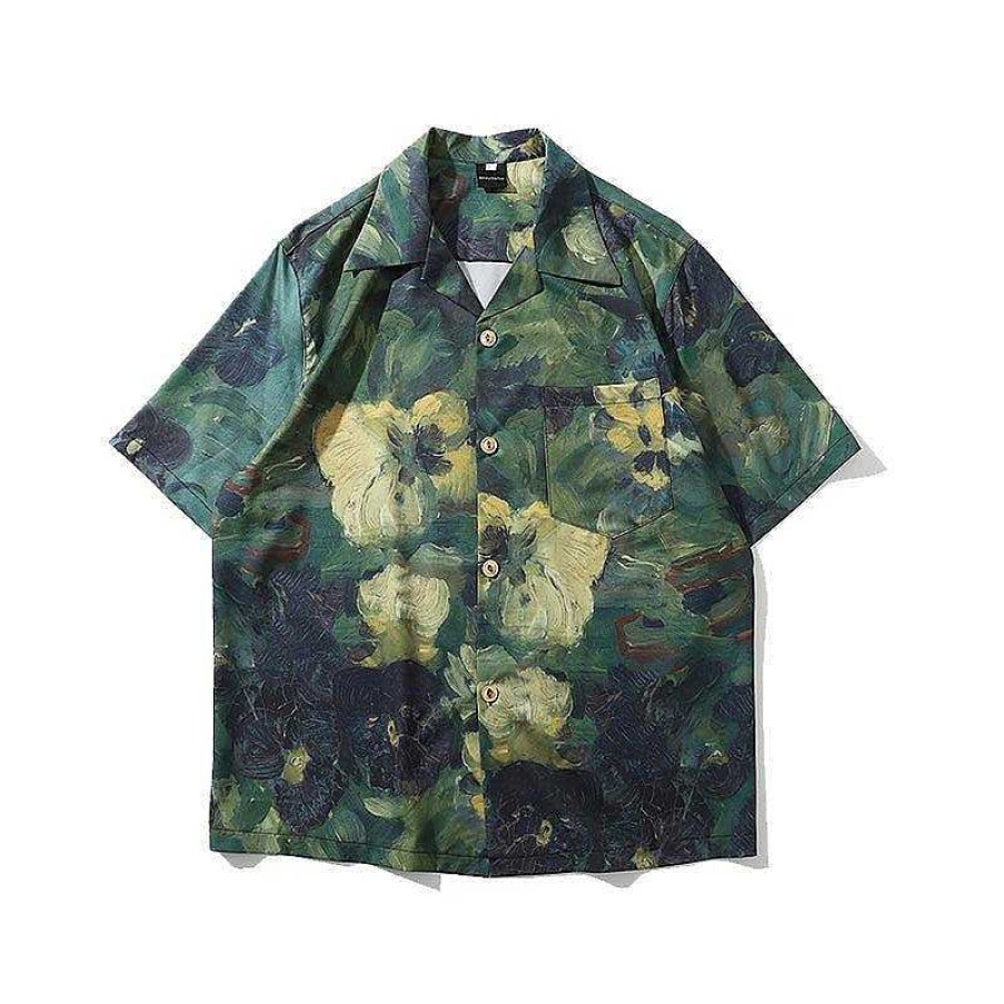 Clothing The Korean Fashion | Retro Oil Painting Short-Sleeved Shirt Green