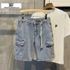 Clothing The Korean Fashion Shorts | Multi-Pocket Washed Denim Shorts Blue