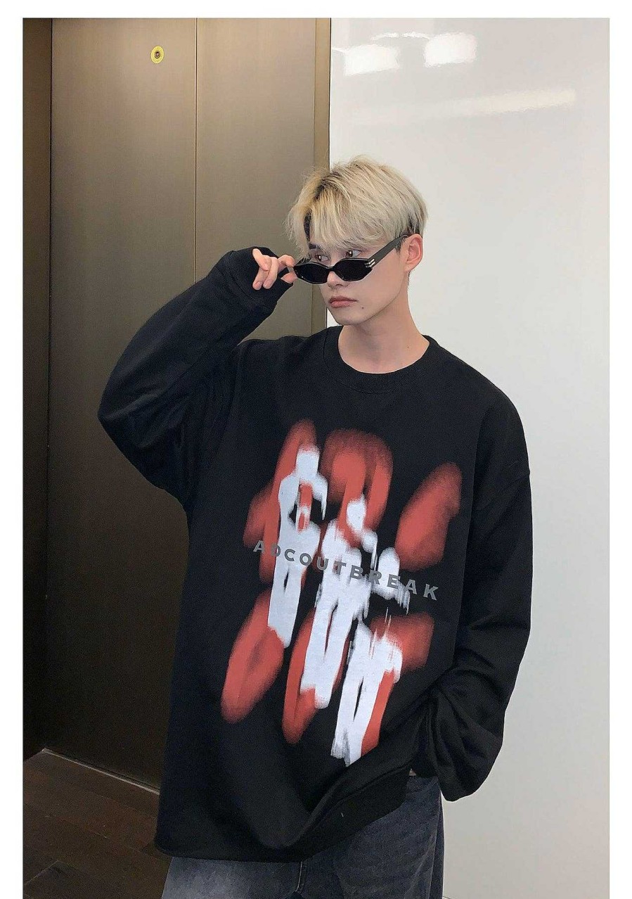 Clothing The Korean Fashion | Round Neck Oversized Printed Sweatshirt Plus Velvet