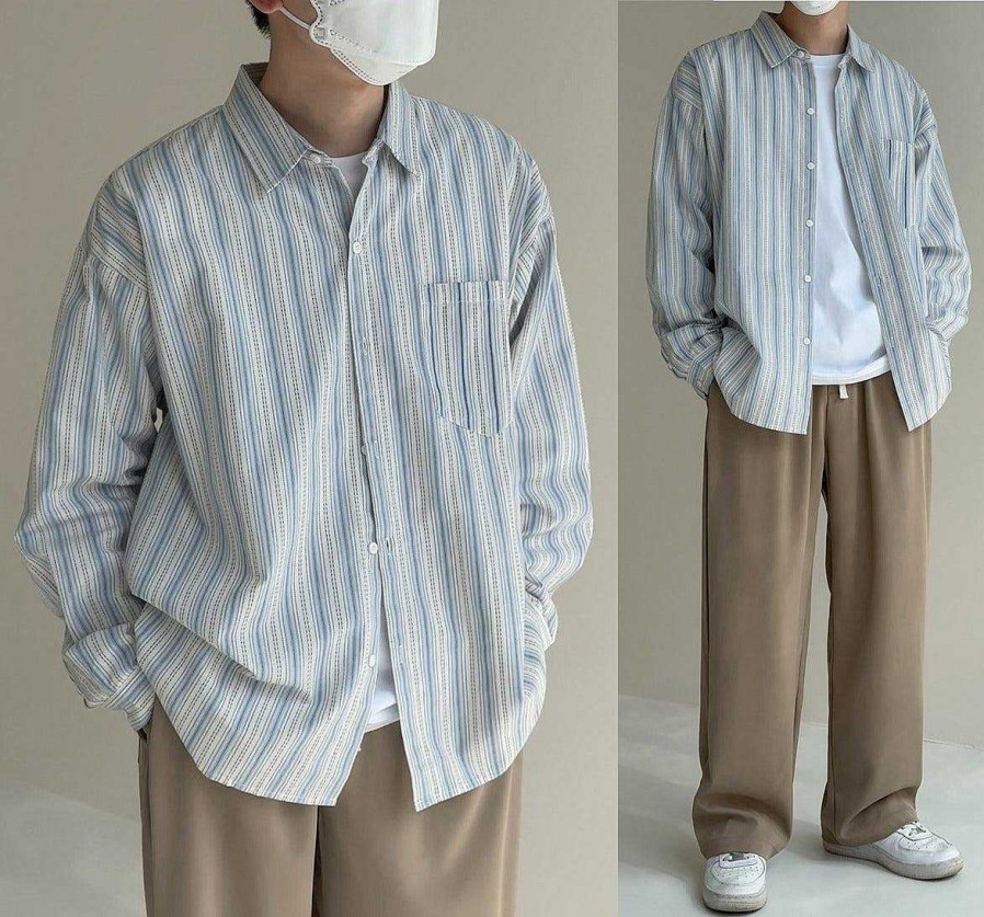 Clothing The Korean Fashion | Colored Striped Shirt Jacket Light Blue