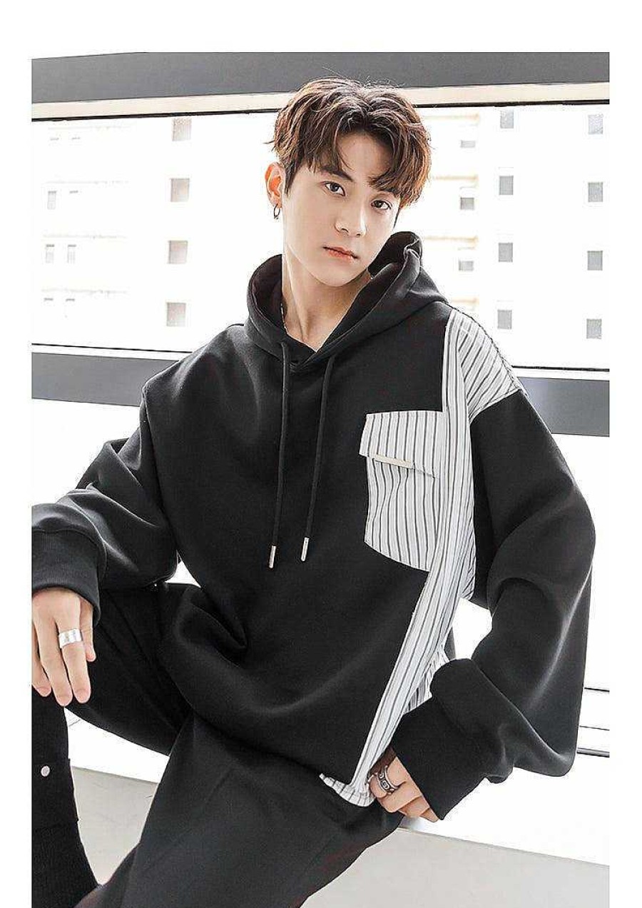 Clothing The Korean Fashion | Striped Patchwork Hoodie