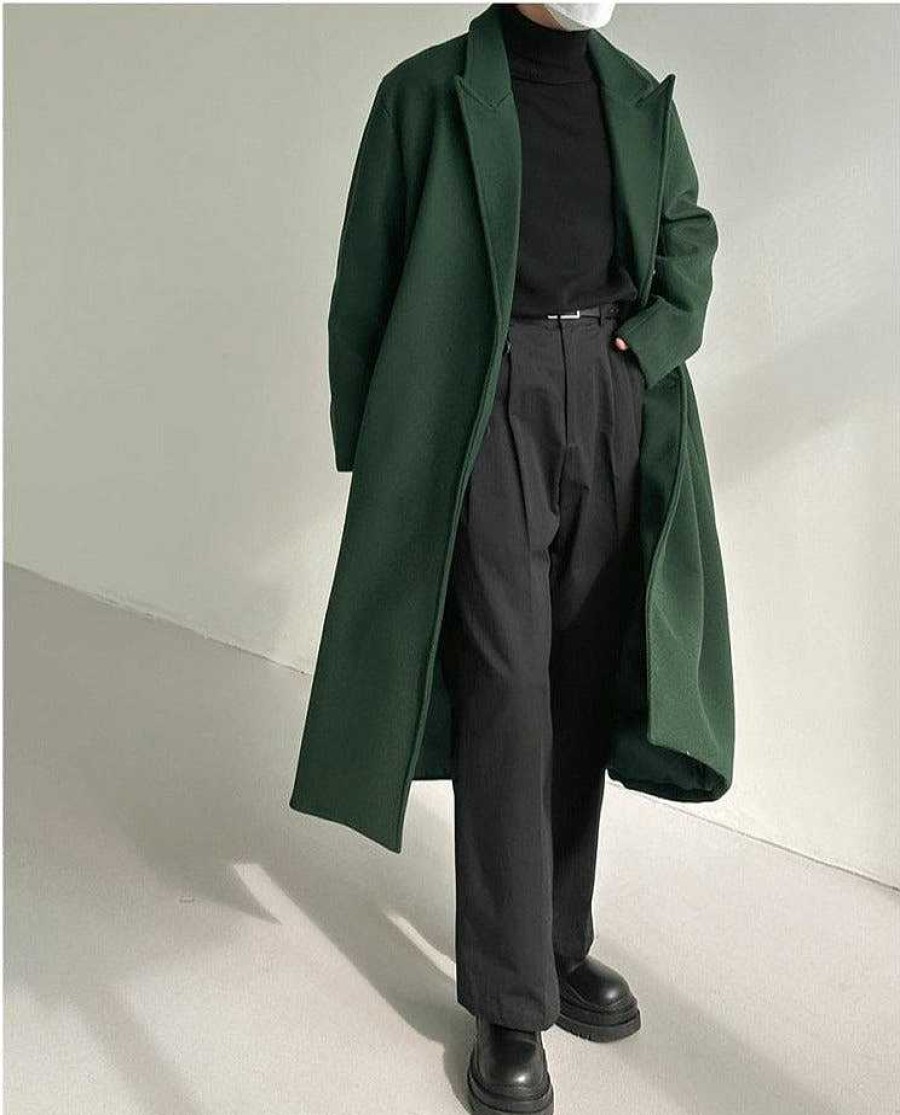 Clothing The Korean Fashion | Woolen Over-The-Knee Coat Green