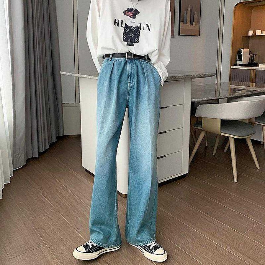 Clothing The Korean Fashion Jeans | Thin Straight-Leg Drape Jeans Blue