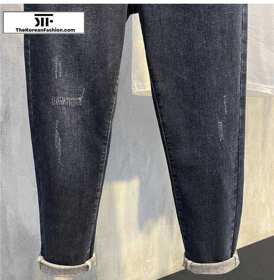 Clothing The Korean Fashion Jeans | Retro Elastic Slim Jeans Dark Blue Gray