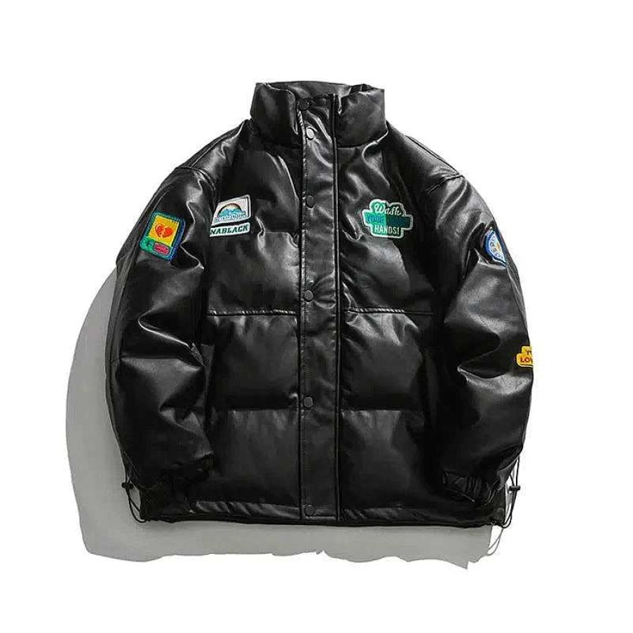 Clothing The Korean Fashion | Badge Pu Leather Puffer Cotton-Padded Jacket