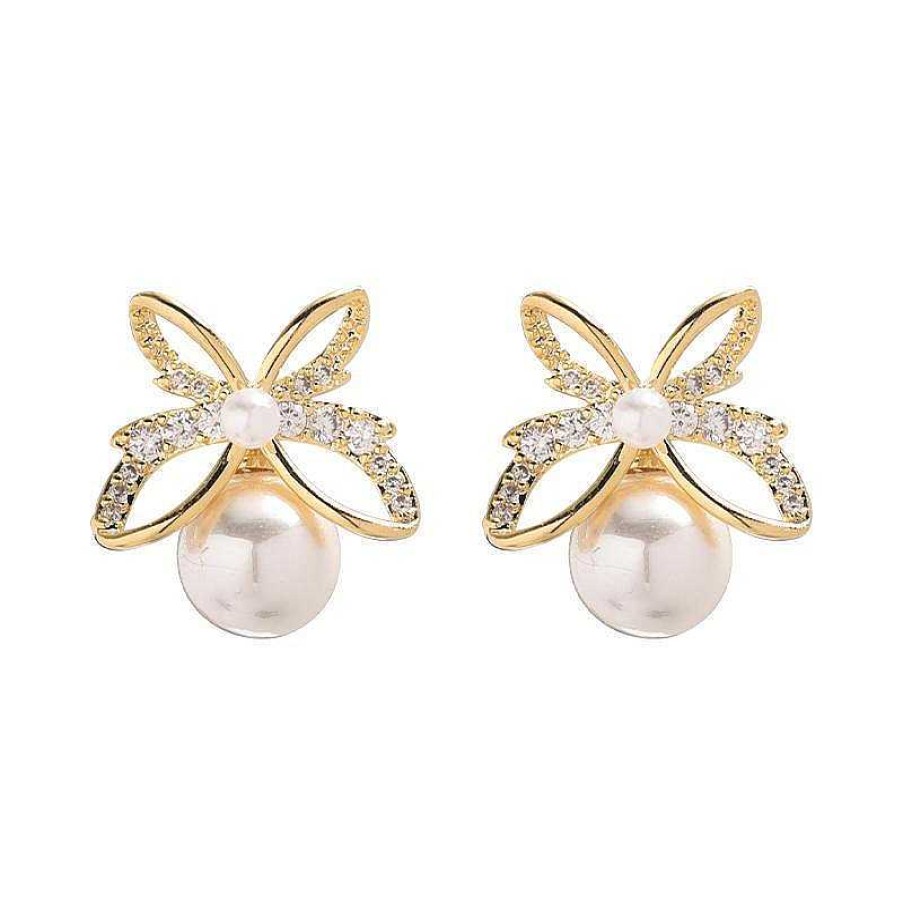 Women The Korean Fashion Earrings | Butterfly Pearl Stud Earrings Golden