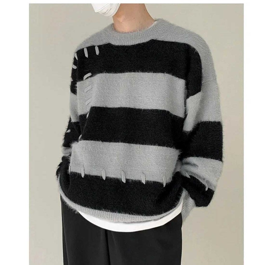 Clothing The Korean Fashion | Patch Mohair Striped Sweater