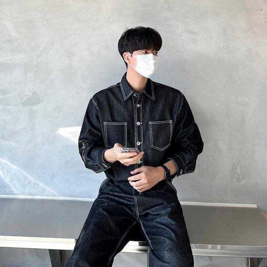 Clothing The Korean Fashion | Black Denim Shirt & Jeans Black Shirt + Black Pants