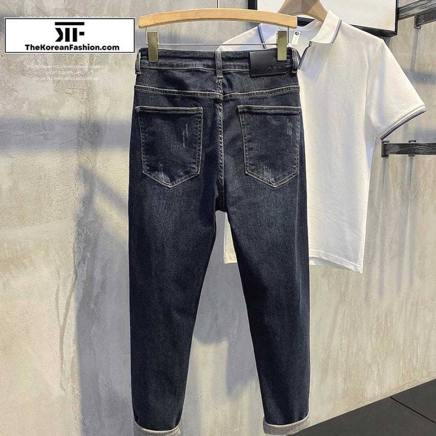 Casual Style Clothes The Korean Fashion | Retro Elastic Slim Jeans Dark Blue Gray