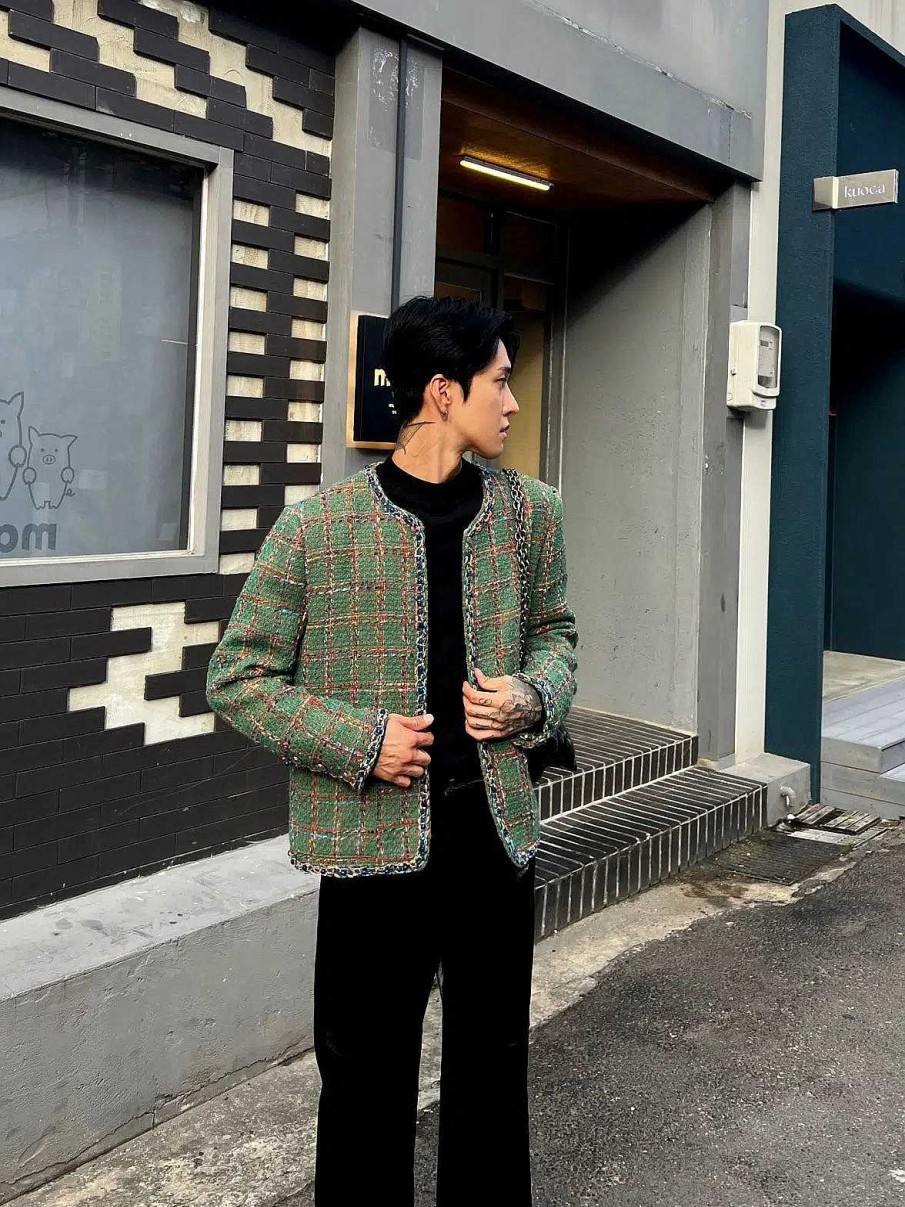 Clothing The Korean Fashion | Braided Plaid Tweed Jacket Green