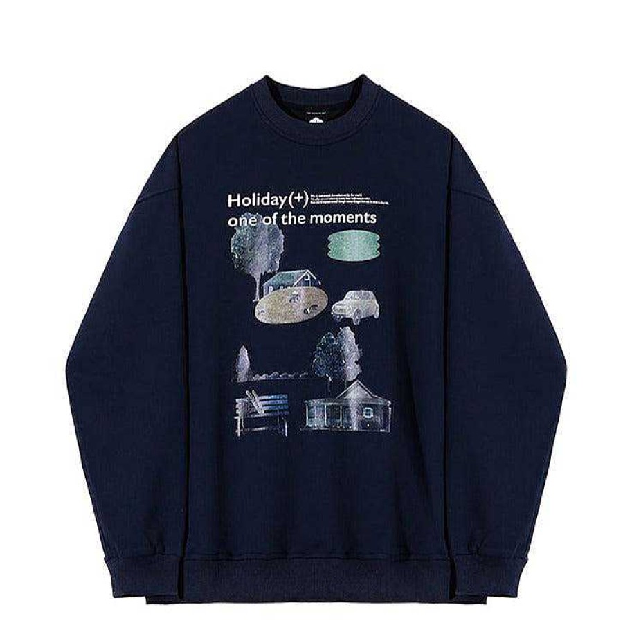 Clothing The Korean Fashion | Crewneck Printed Pullover Dark Blue