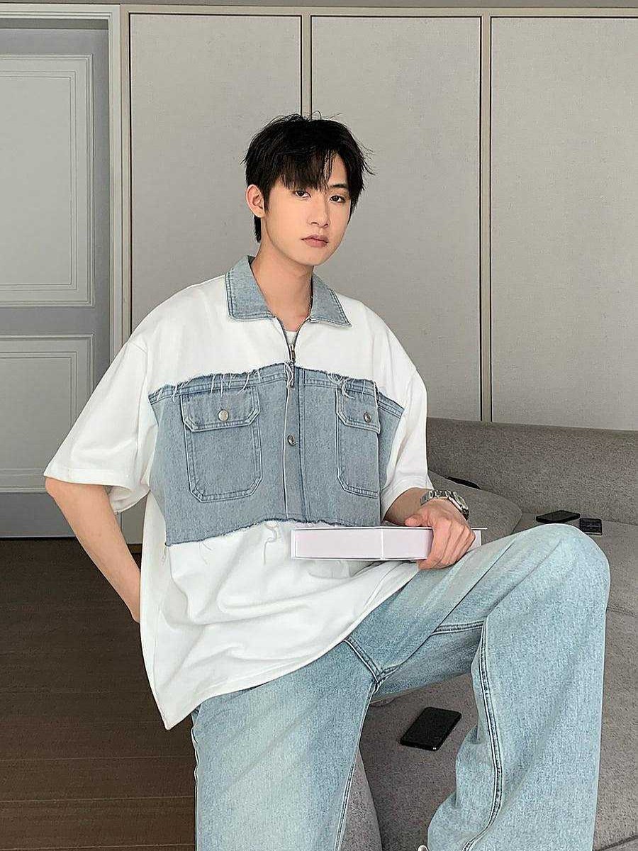 Clothing The Korean Fashion | Lapel Denim Patchwork T-Shirt