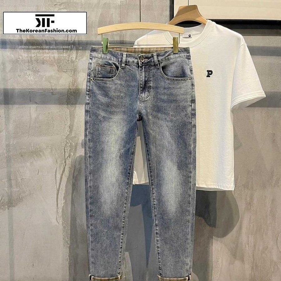 Casual Style Clothes The Korean Fashion | Slim-Fit Plaid Jeans Light Blue