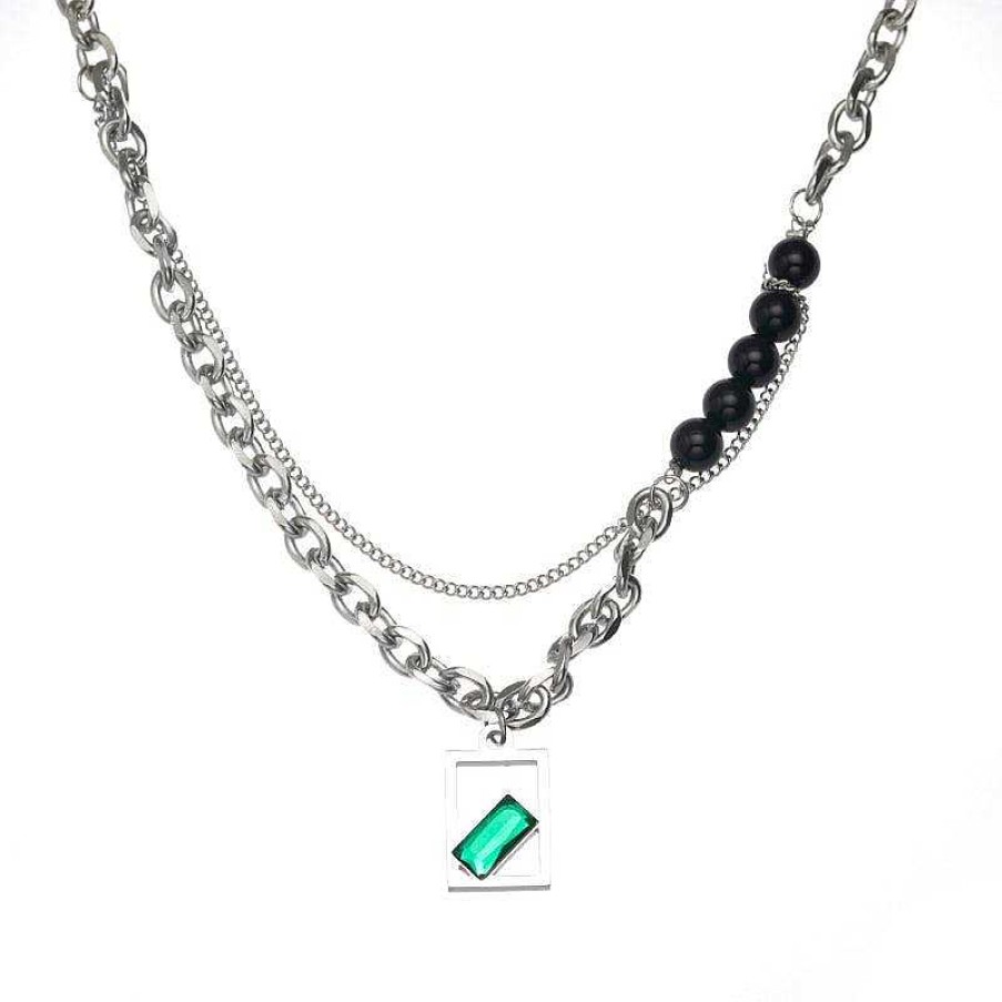 Accs & Bags & Shoes The Korean Fashion | Green Zircon Square Pendant Necklace 45+5Cm