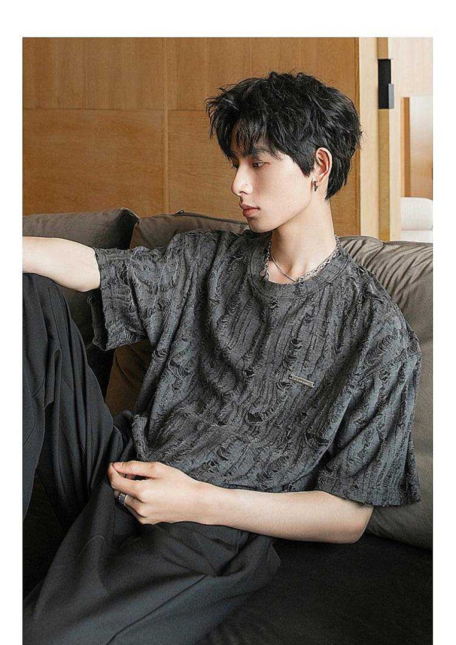 Clothing The Korean Fashion | Round Neck Hollow Ripped T-Shirt