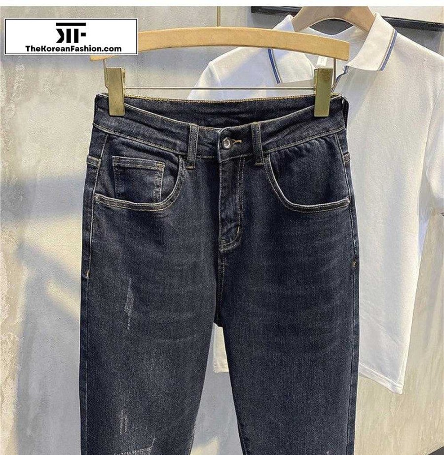 Casual Style Clothes The Korean Fashion | Retro Elastic Slim Jeans Dark Blue Gray